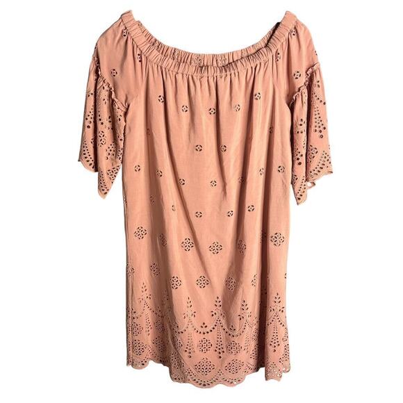 Madewell Eyelet Embroidered Off The Shoulder Mini Shift Dress Dusty Rose Size 2 - Picture 4 of 7